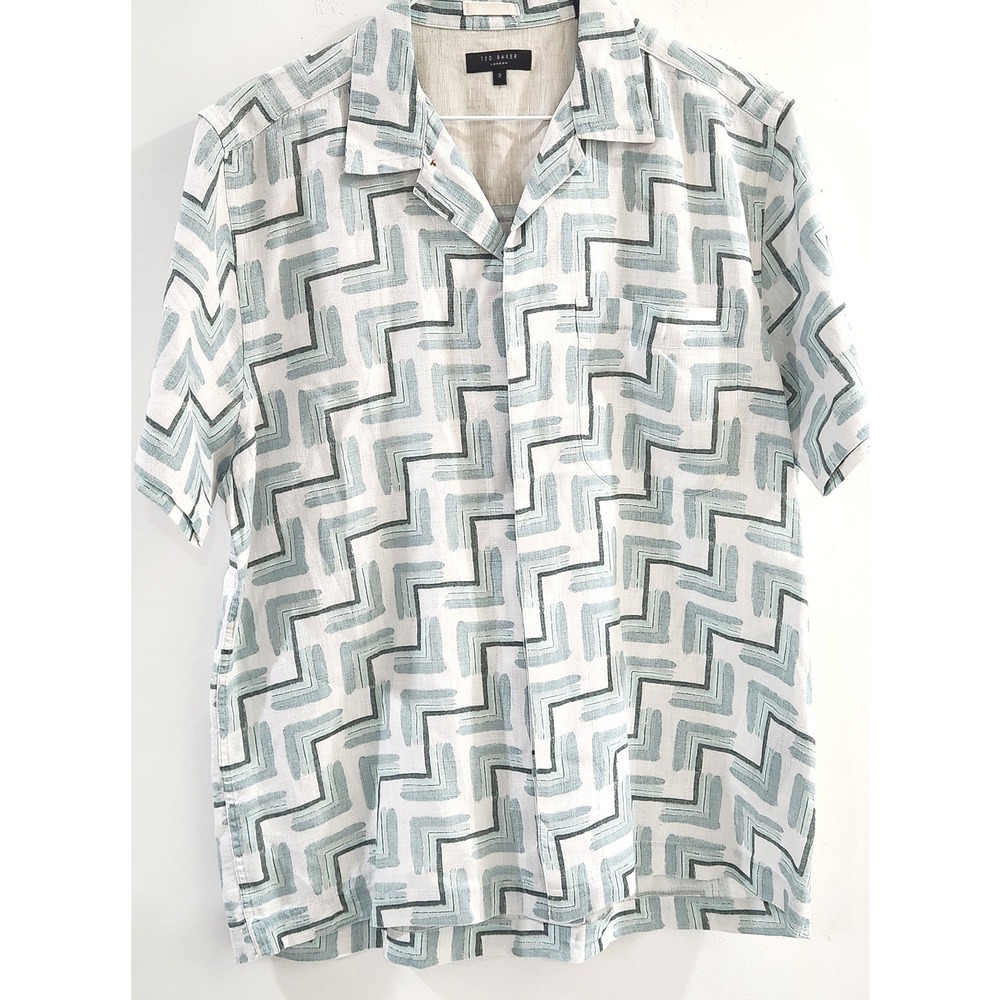 Ted Baker London Brecon Print Short Sleeve Linen Button-Up Shirt Mens 3 Medium - Picture 3 of 7